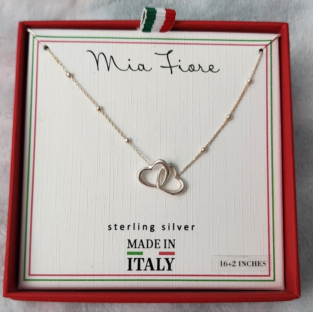 S925 Solid Silver Interlocked Hearts fixed pendant 16"+ necklace, Mia Fiore NEW!